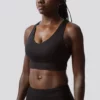 Dame i sort sports-bh i teknisk stoff som står vendt mot kameraet. Sports-bhen har to brede stropper over skuldrene.