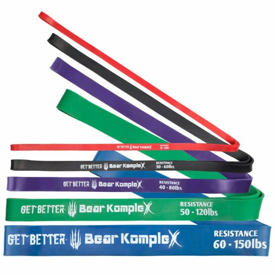 resistance bands, 5 strikker i ulik tykkelse fra Bear Komplex. De er i fargene rød, sort. lilla, grønn og blå.