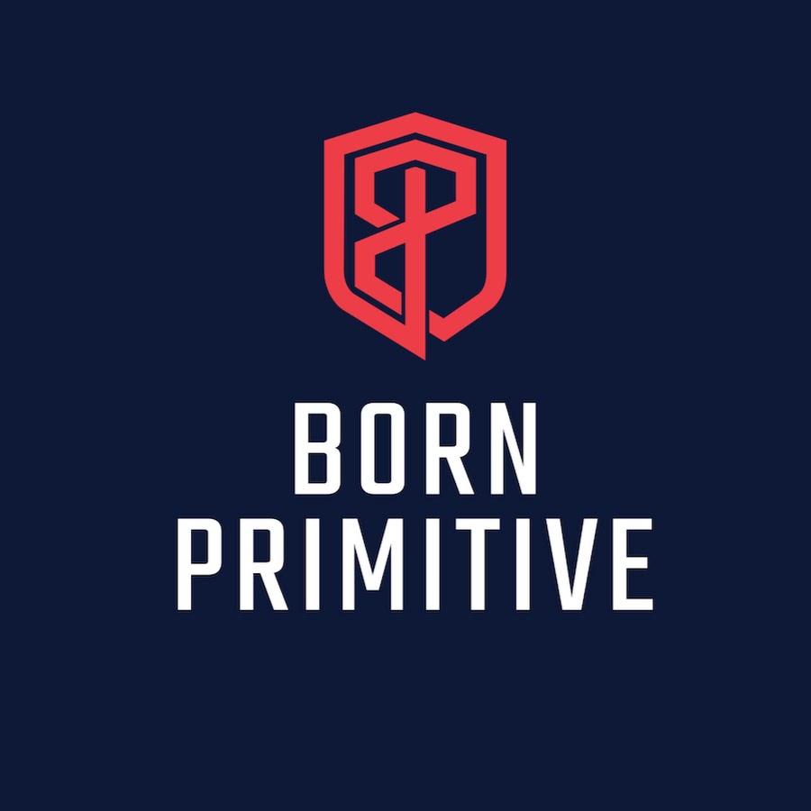 Bilde av logoen til Born Primitive. Born Primitive står ed hvit skrift, logoen er rød og det er blå bakgrunn.