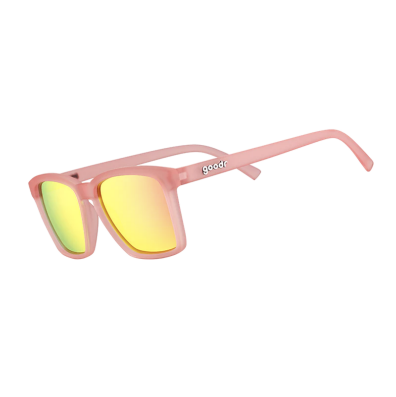 Lyse rosa solbriller, små solbriller fra Goodr sett fra siden.