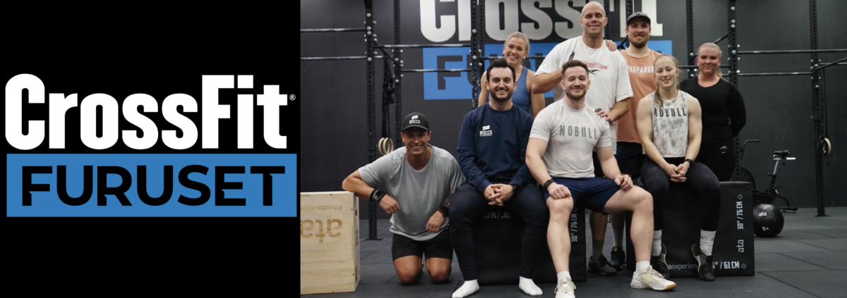 CrossFit Furuset banner med logo og en gruppe mennesker på trening