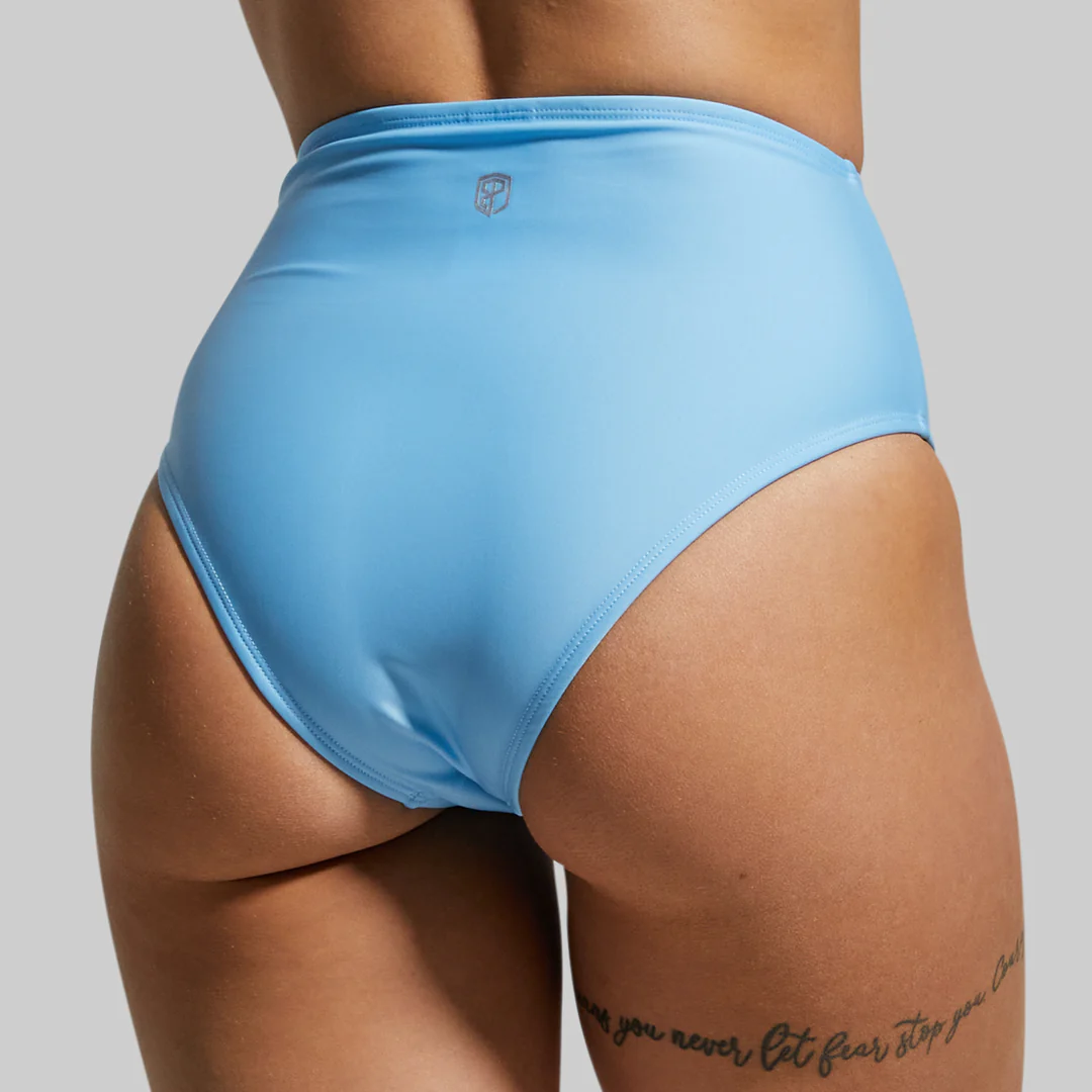 blå bikinitruse, bikini bottom. sett bakfra